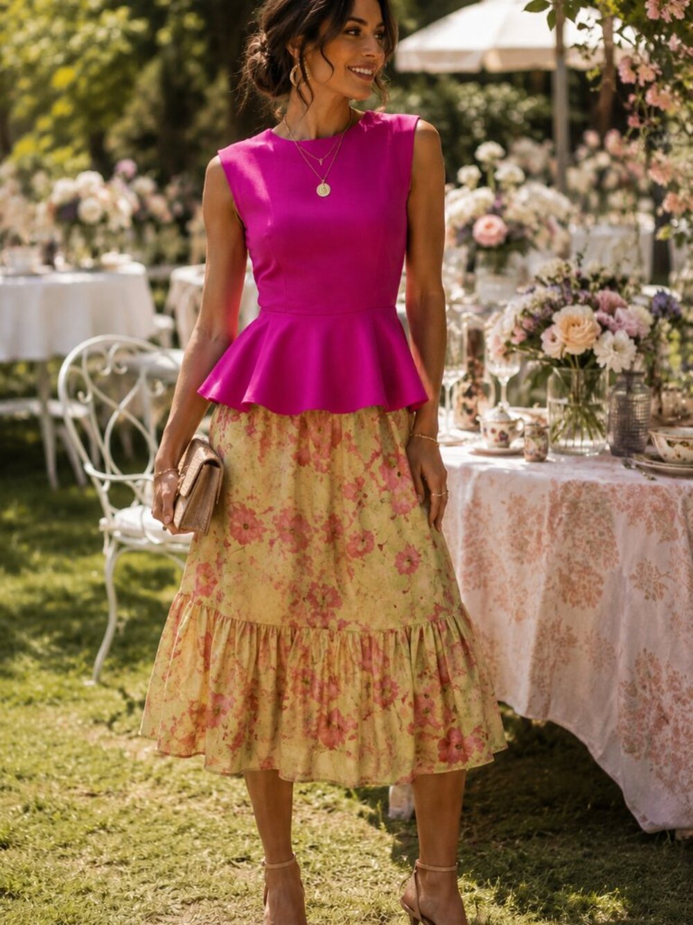 FUCSIA HOT PINK Sleeveless Peplum Top Blouse Exposed Gold Zipper Ruffle Hem